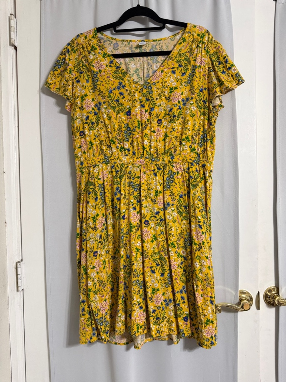 Old Navy Yellow Floral V-Neck Mini Dress with Flutter Sleeves